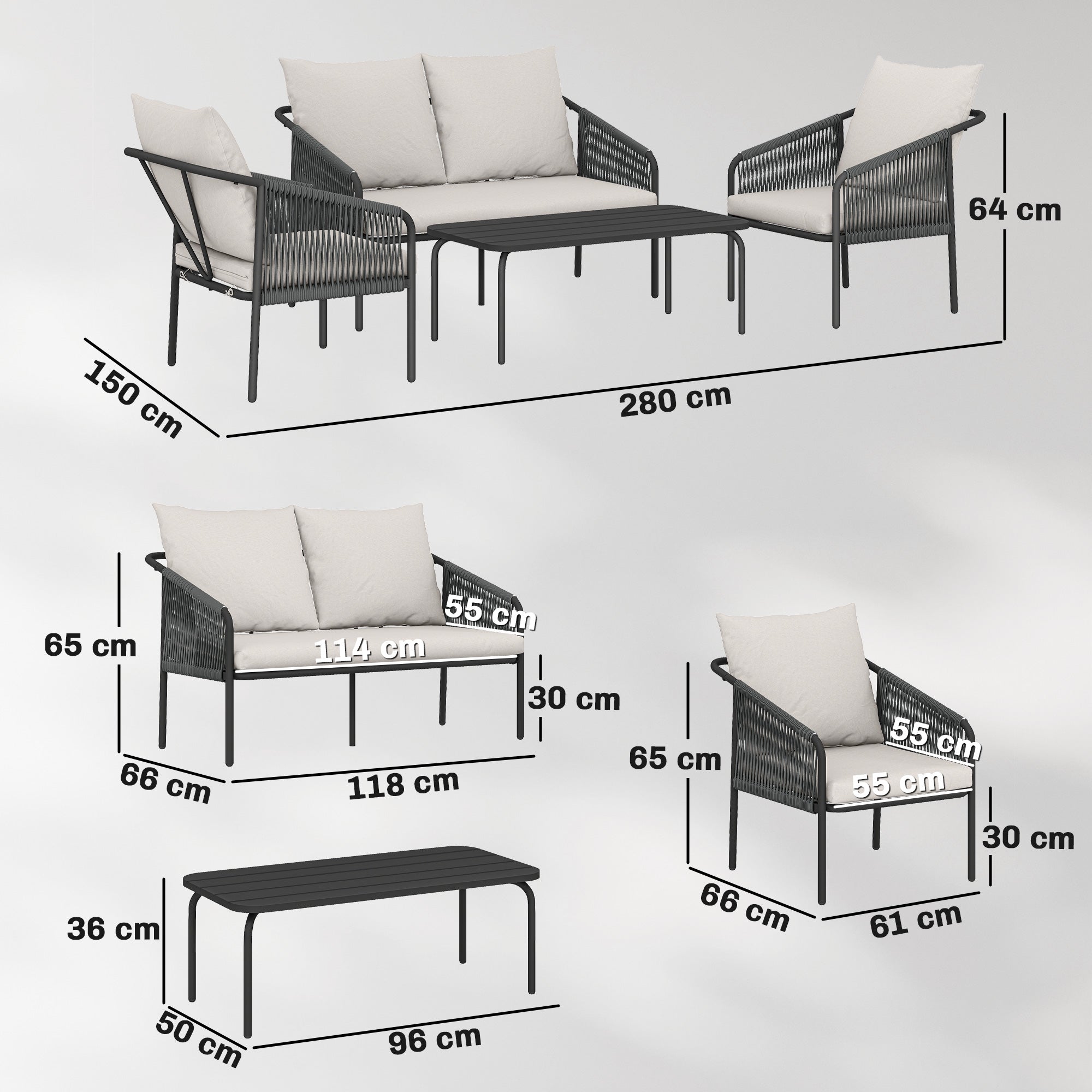 4-Piece Polyrattan Outdoor Lounge Set – 2-Seater Sofa, 2 Armchairs & Coffee Table with Removable Cushions, Steel Frame – Khaki