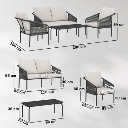 4-Piece Polyrattan Outdoor Lounge Set – 2-Seater Sofa, 2 Armchairs & Coffee Table with Removable Cushions, Steel Frame – Khaki