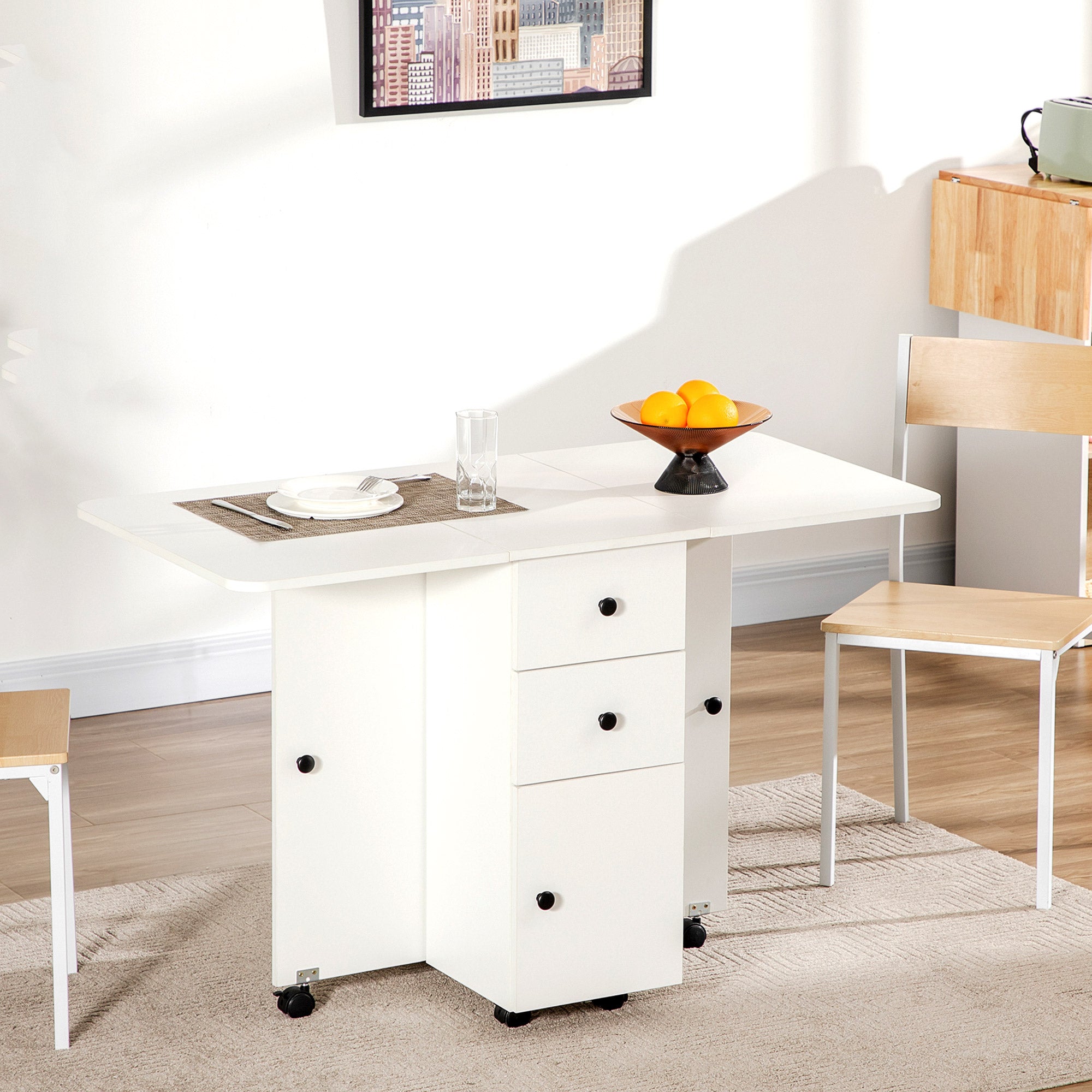 Folding Dining Table Kitchen Table with Wheels, Foldable Wings, Drawers, and Cabinet for 4-6 People 120x60x76.5 cm White
