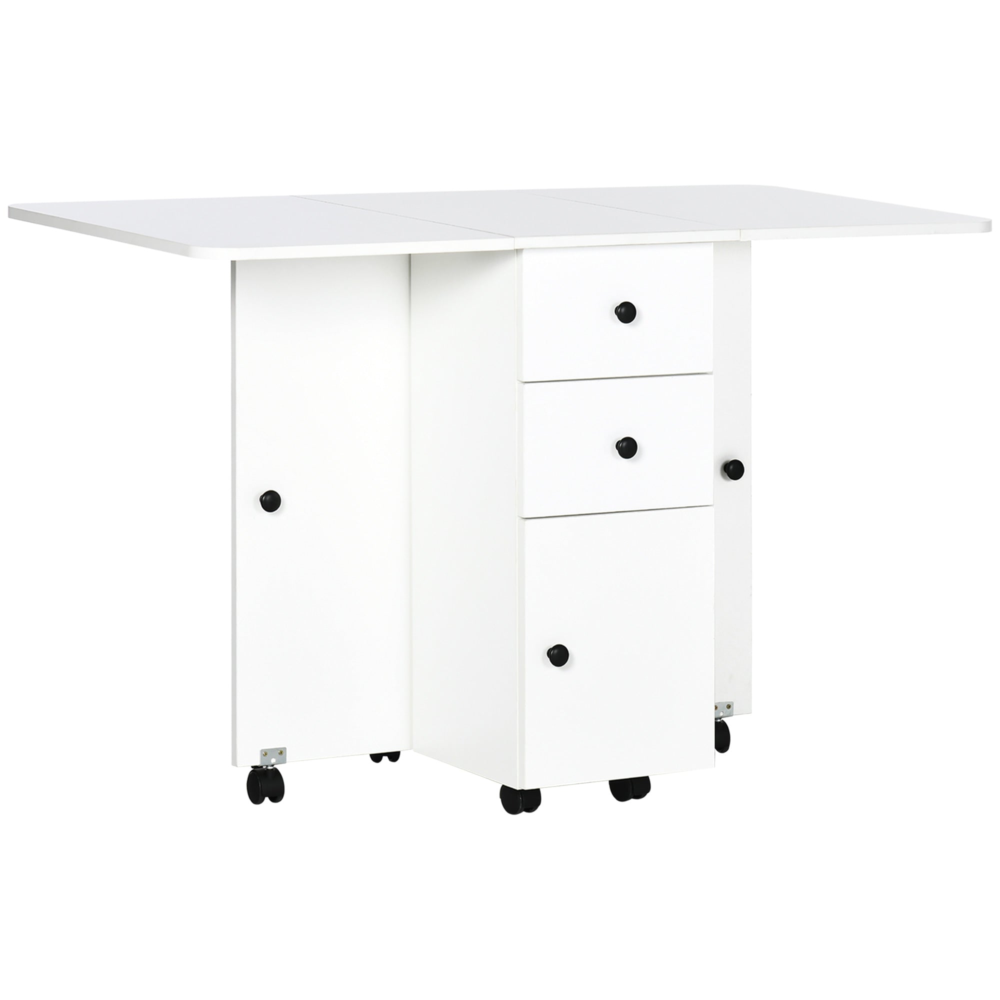 Folding Dining Table Kitchen Table with Wheels, Foldable Wings, Drawers, and Cabinet for 4-6 People 120x60x76.5 cm White