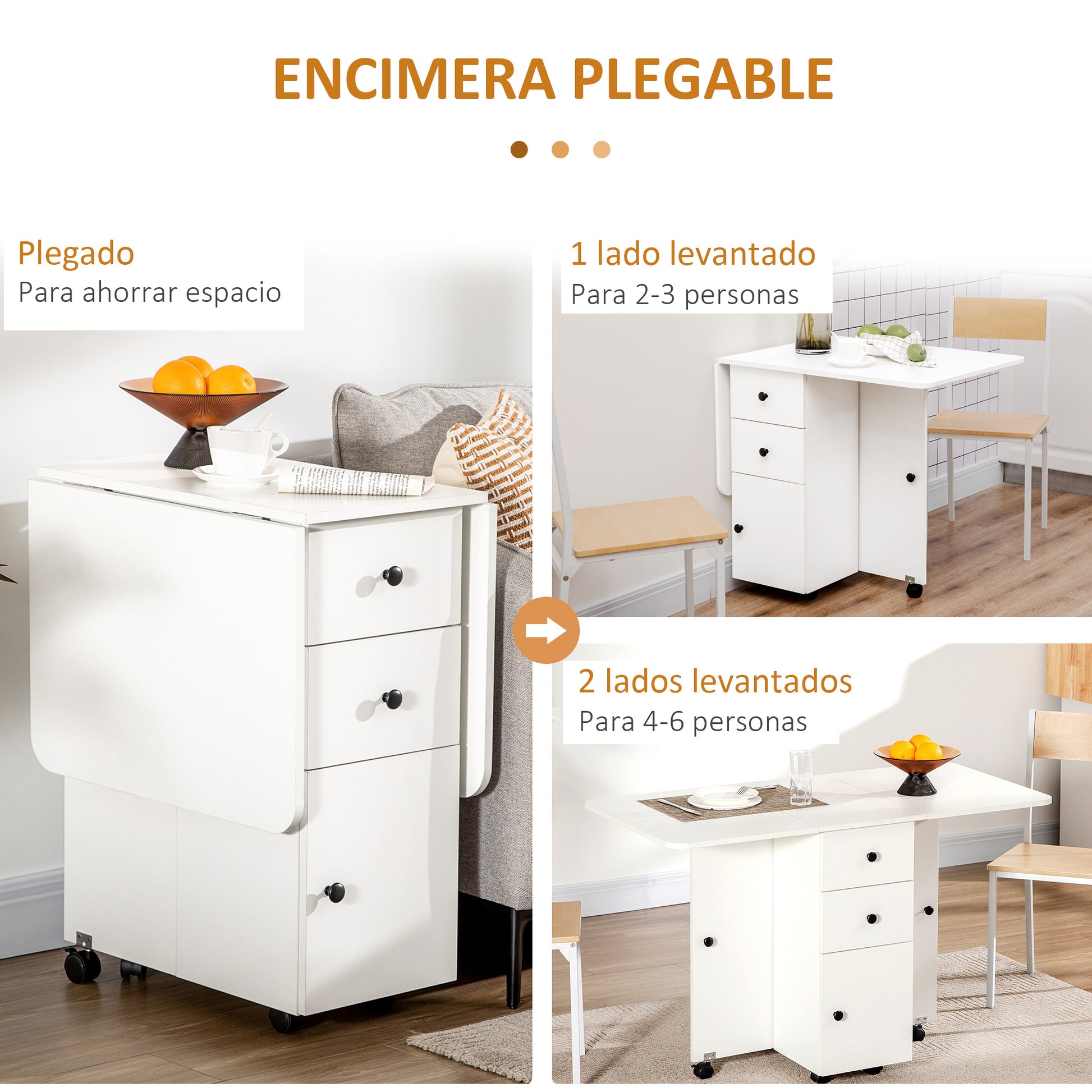 Folding Dining Table Kitchen Table with Wheels, Foldable Wings, Drawers, and Cabinet for 4-6 People 120x60x76.5 cm White