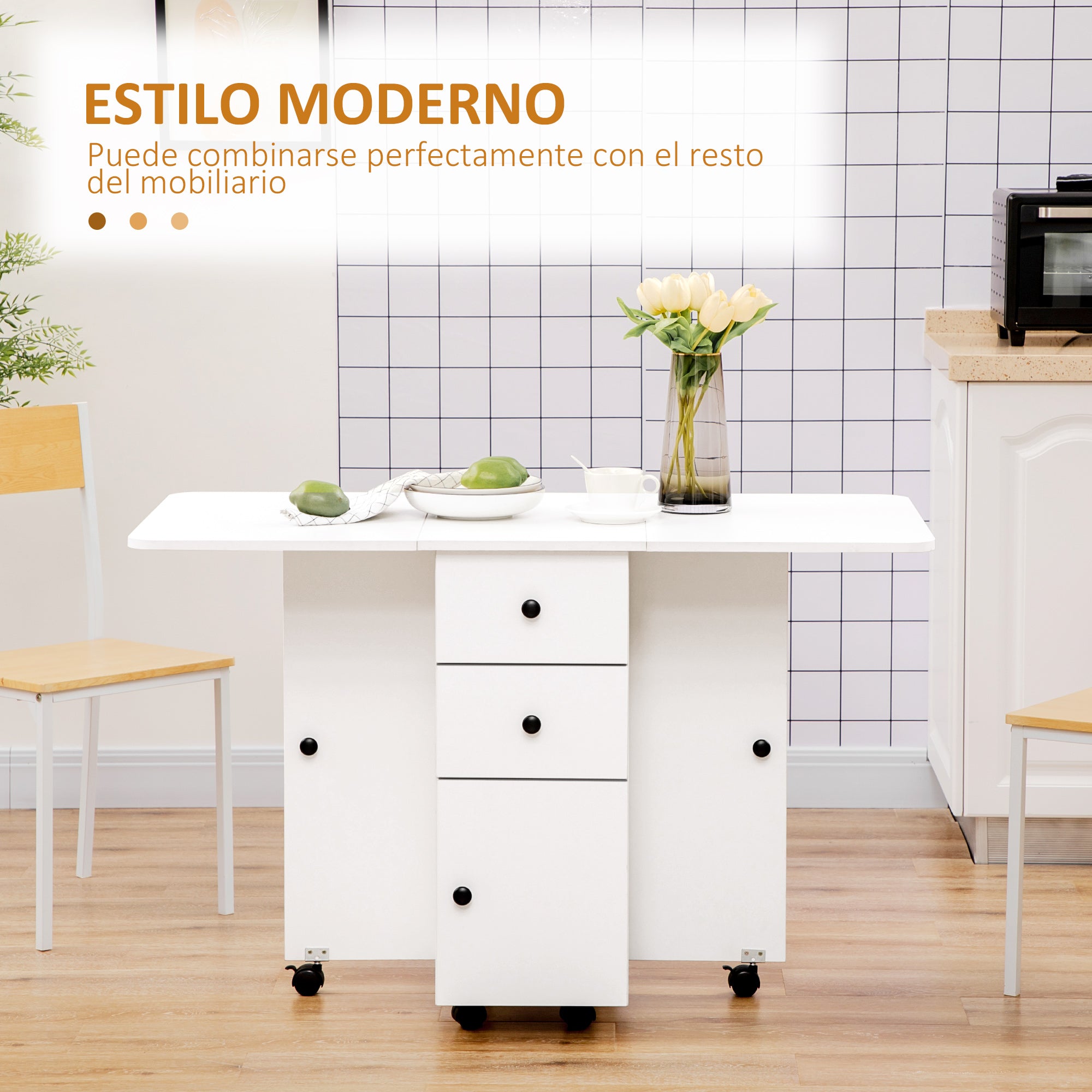 Folding Dining Table Kitchen Table with Wheels, Foldable Wings, Drawers, and Cabinet for 4-6 People 120x60x76.5 cm White
