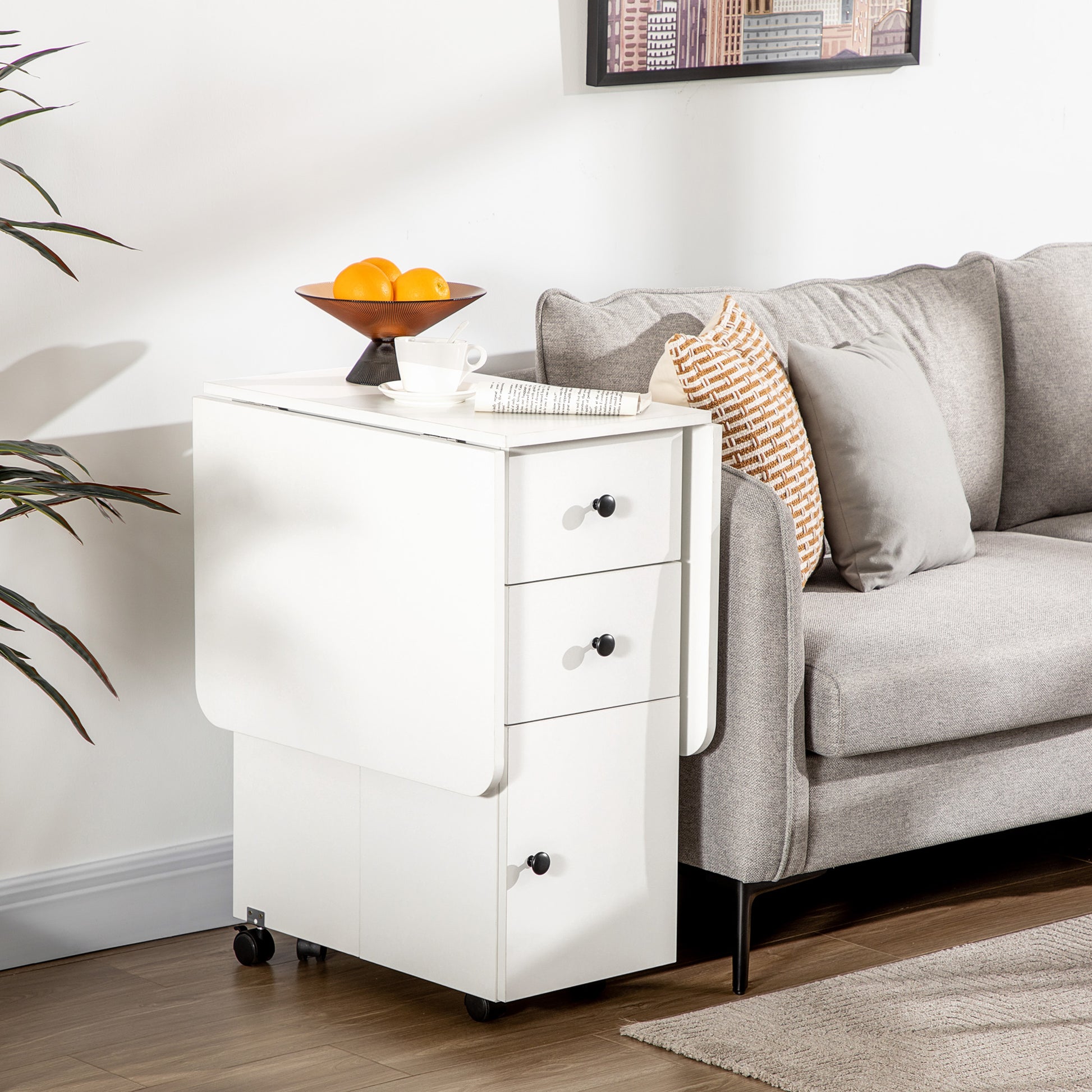 Folding Dining Table Kitchen Table with Wheels, Foldable Wings, Drawers, and Cabinet for 4-6 People 120x60x76.5 cm White