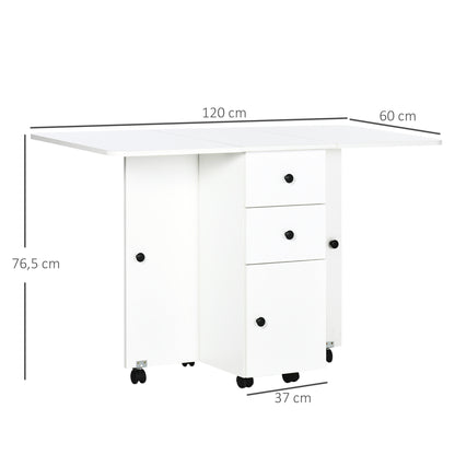 Folding Dining Table Kitchen Table with Wheels, Foldable Wings, Drawers, and Cabinet for 4-6 People 120x60x76.5 cm White
