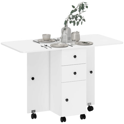 Folding Dining Table Kitchen Table with Wheels, Foldable Wings, Drawers, and Cabinet for 4-6 People 120x60x76.5 cm White