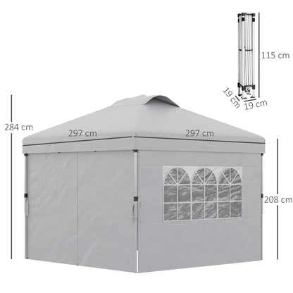 Folding Garden Gazebo Pop-up Reception Tent 3x3 Adjustable Height with Side Walls, Vents, Windows and Wheel Carry Bag 300D Oxford Fabric - Light Gray