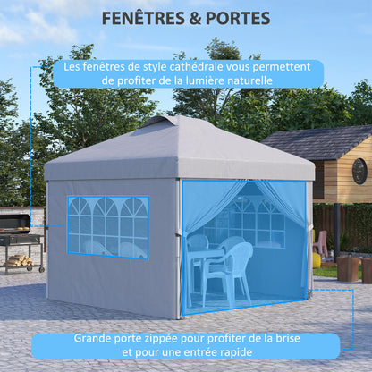 Folding Garden Gazebo Pop-up Reception Tent 3x3 Adjustable Height with Side Walls, Vents, Windows and Wheel Carry Bag 300D Oxford Fabric - Light Gray