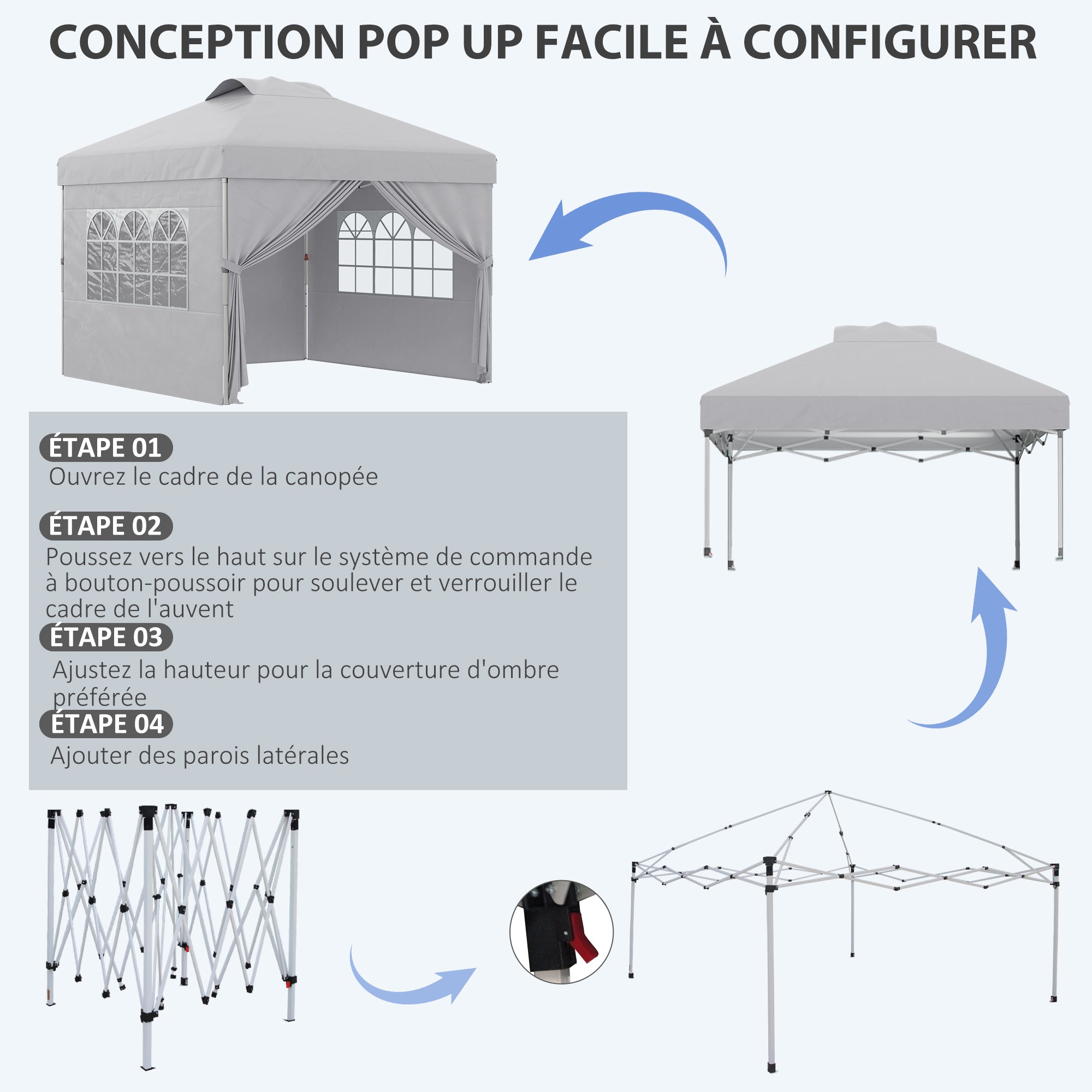 Folding Garden Gazebo Pop-up Reception Tent 3x3 Adjustable Height with Side Walls, Vents, Windows and Wheel Carry Bag 300D Oxford Fabric - Light Gray