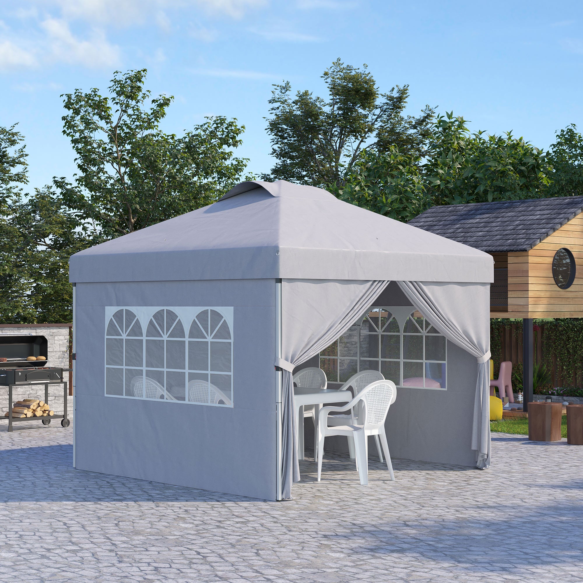Folding Garden Gazebo Pop-up Reception Tent 3x3 Adjustable Height with Side Walls, Vents, Windows and Wheel Carry Bag 300D Oxford Fabric - Light Gray