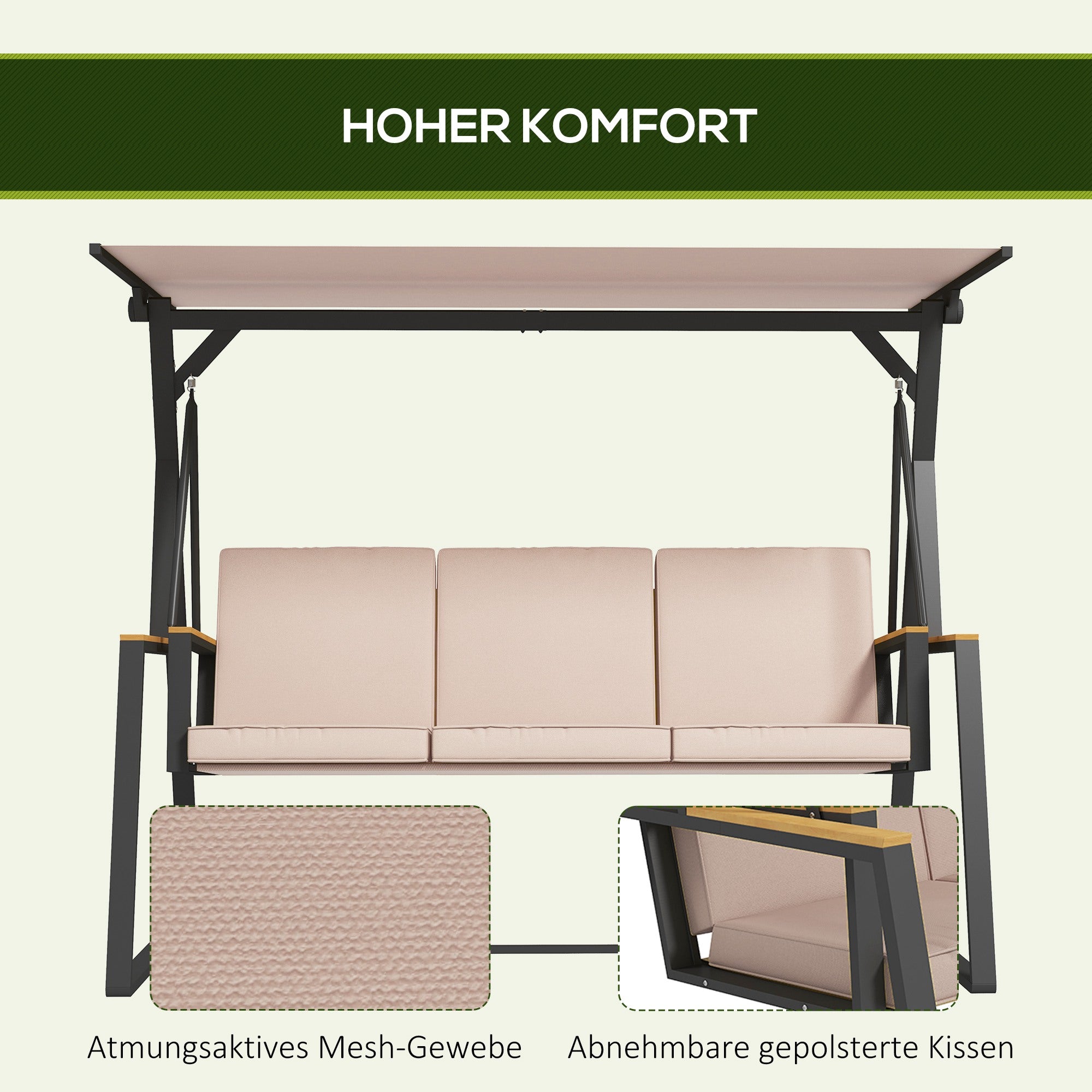 Hollywood Swing 3-Seater Swing Bench with Cushions, Garden Swing with Adjustable Canopy, Supports up to 300 kg, Khaki, 205 x 130 x 175 cm