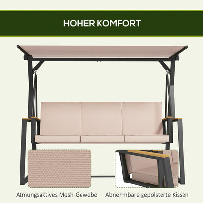 Hollywood Swing 3-Seater Swing Bench with Cushions, Garden Swing with Adjustable Canopy, Supports up to 300 kg, Khaki, 205 x 130 x 175 cm