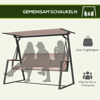 Hollywood Swing 3-Seater Swing Bench with Cushions, Garden Swing with Adjustable Canopy, Supports up to 300 kg, Khaki, 205 x 130 x 175 cm