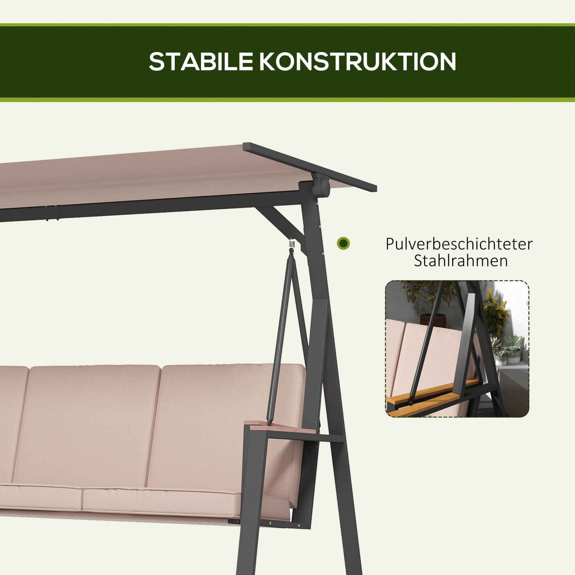 Hollywood Swing 3-Seater Swing Bench with Cushions, Garden Swing with Adjustable Canopy, Supports up to 300 kg, Khaki, 205 x 130 x 175 cm
