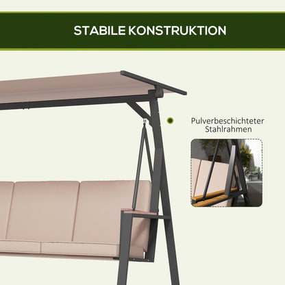 Hollywood Swing 3-Seater Swing Bench with Cushions, Garden Swing with Adjustable Canopy, Supports up to 300 kg, Khaki, 205 x 130 x 175 cm