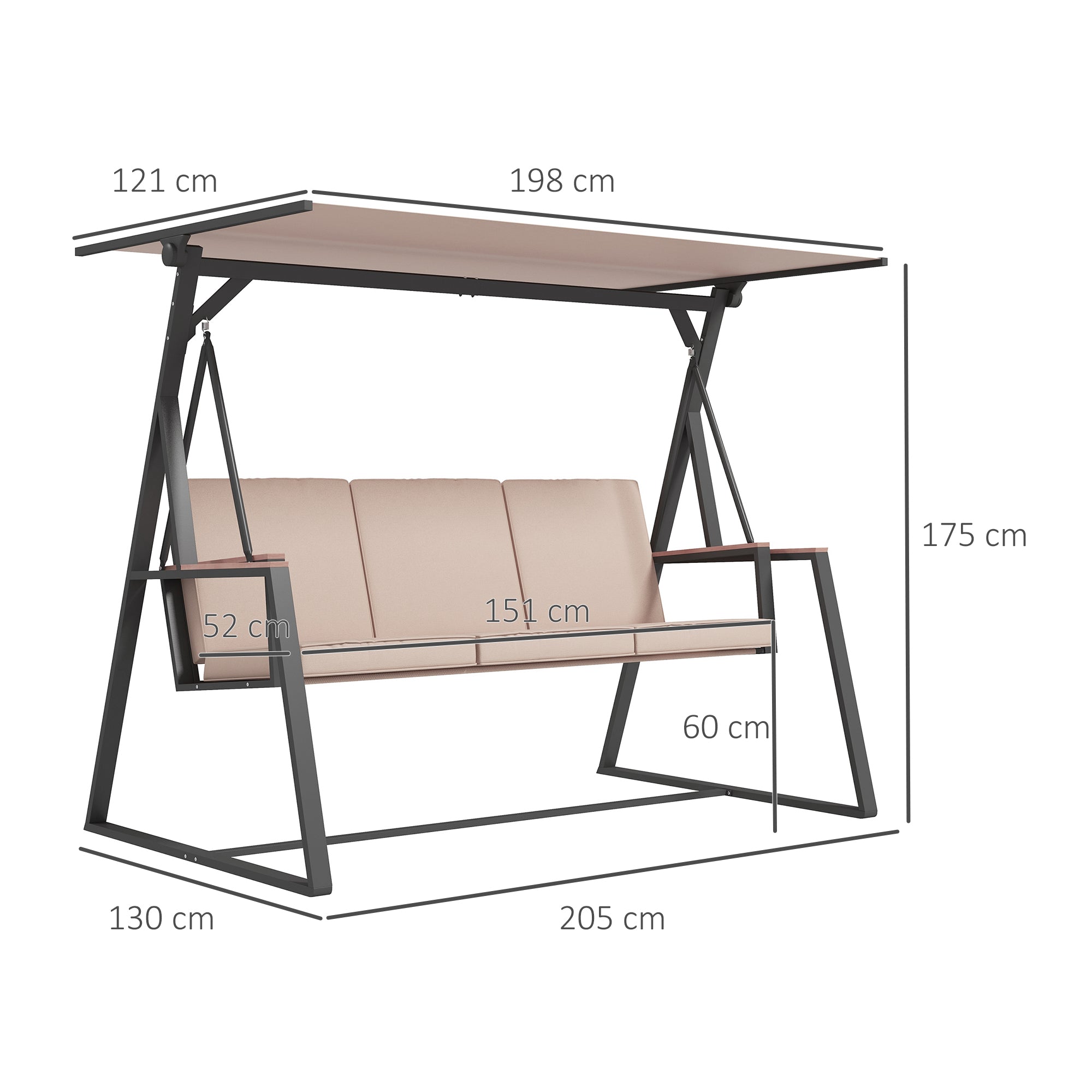 Hollywood Swing 3-Seater Swing Bench with Cushions, Garden Swing with Adjustable Canopy, Supports up to 300 kg, Khaki, 205 x 130 x 175 cm