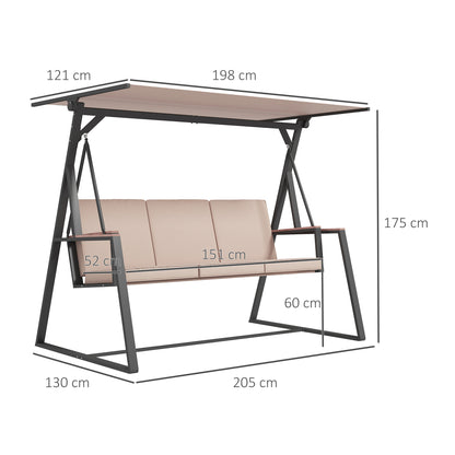 Hollywood Swing 3-Seater Swing Bench with Cushions, Garden Swing with Adjustable Canopy, Supports up to 300 kg, Khaki, 205 x 130 x 175 cm