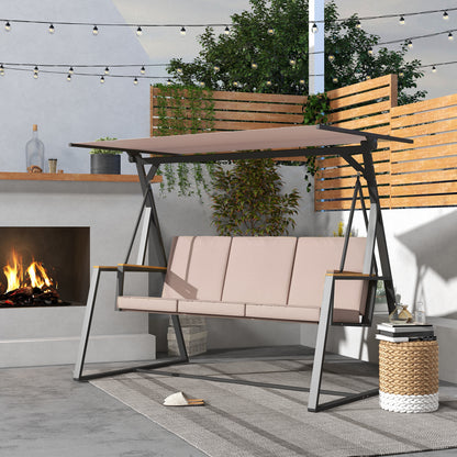 Hollywood Swing 3-Seater Swing Bench with Cushions, Garden Swing with Adjustable Canopy, Supports up to 300 kg, Khaki, 205 x 130 x 175 cm