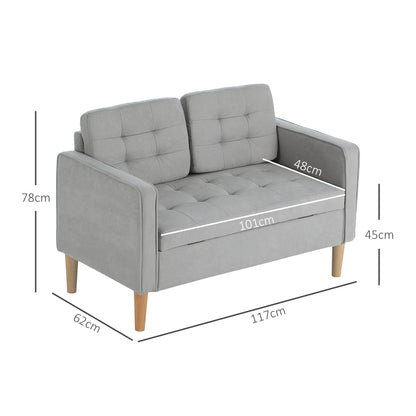 2 Seater Sofa, Couch with Storage Space, Wooden Legs, Padded Sofa with Velvet Look for Living Room, Bedroom, 117x 62 x 78 cm, Light Gray