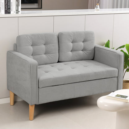 2 Seater Sofa, Couch with Storage Space, Wooden Legs, Padded Sofa with Velvet Look for Living Room, Bedroom, 117x 62 x 78 cm, Light Gray