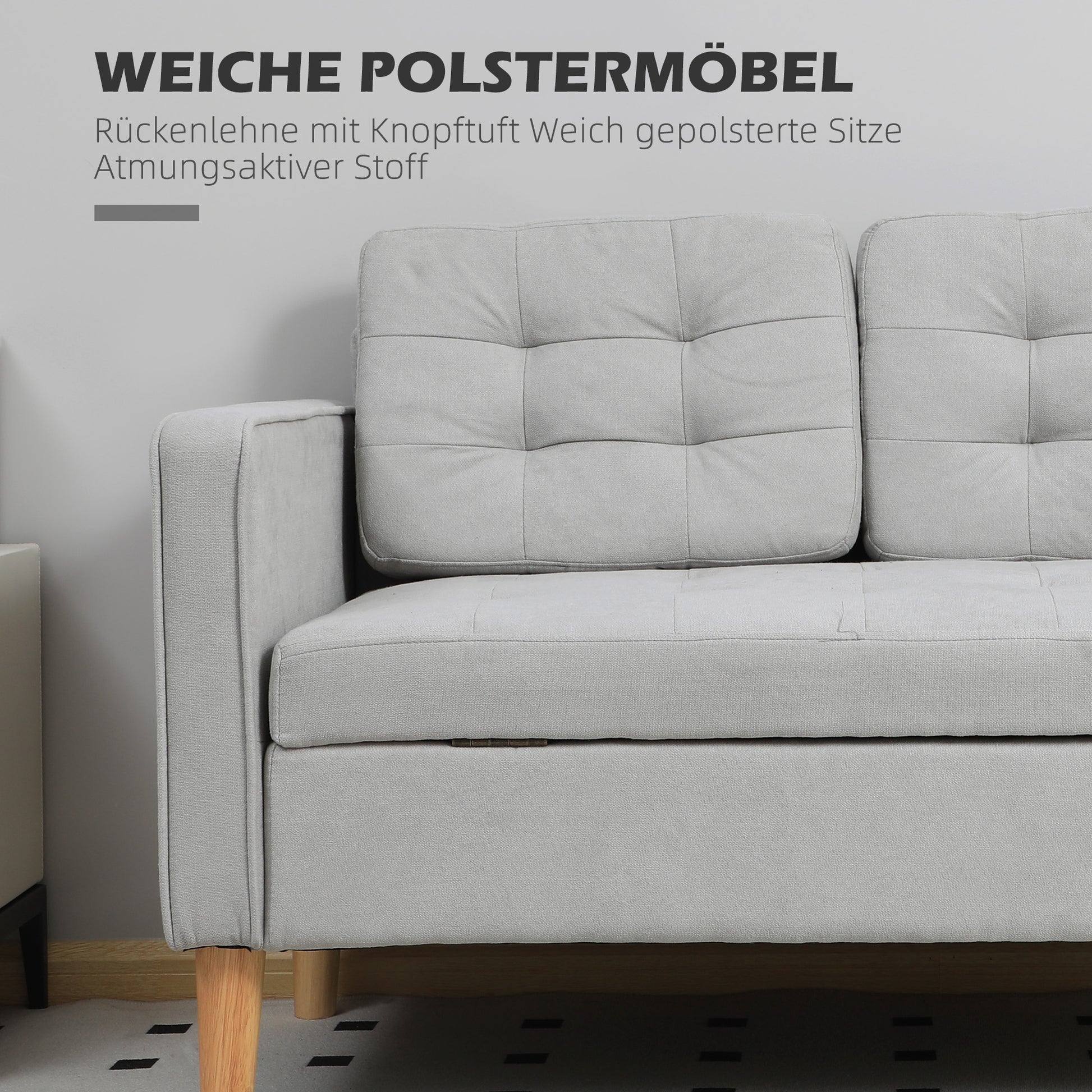2 Seater Sofa, Couch with Storage Space, Wooden Legs, Padded Sofa with Velvet Look for Living Room, Bedroom, 117x 62 x 78 cm, Light Gray