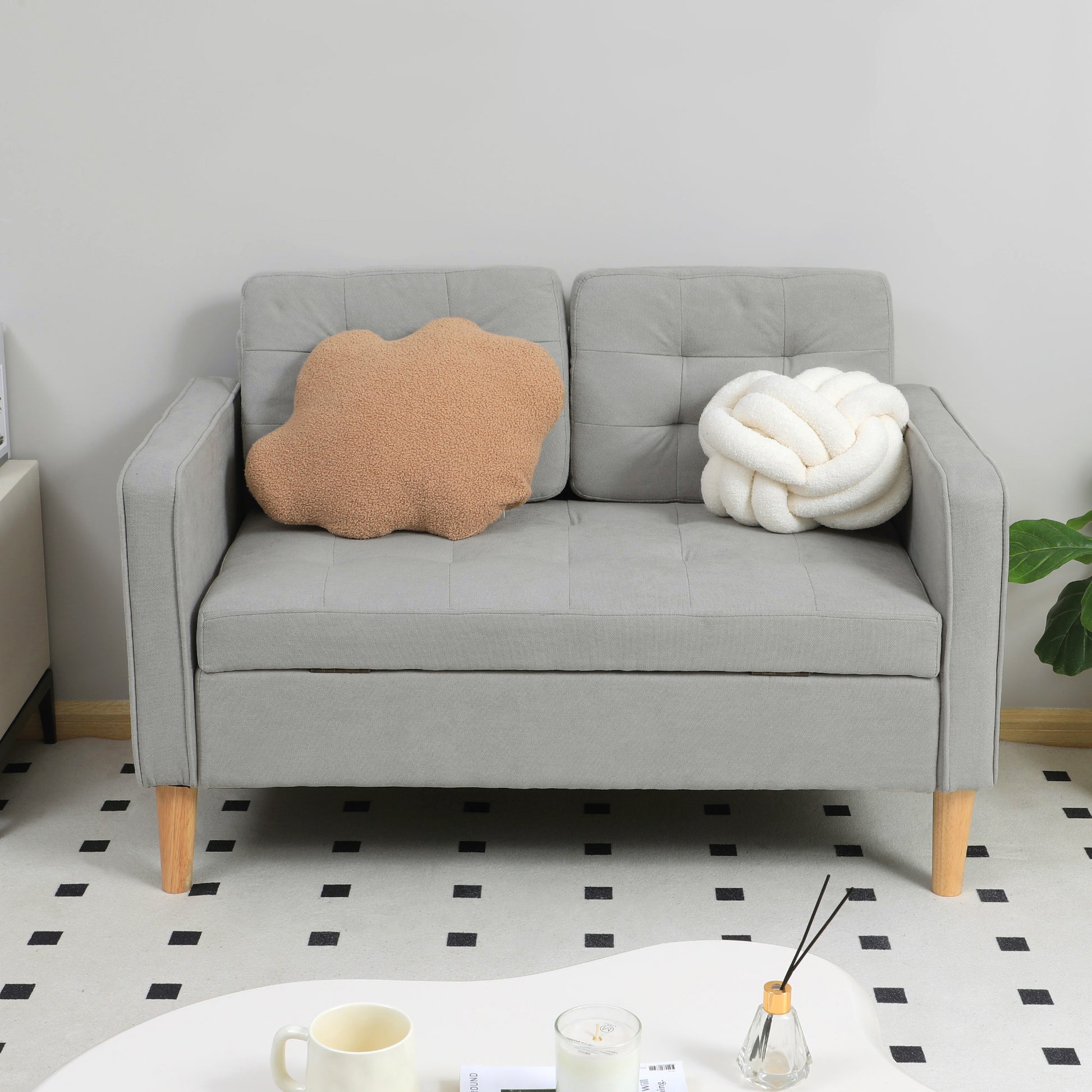 2 Seater Sofa, Couch with Storage Space, Wooden Legs, Padded Sofa with Velvet Look for Living Room, Bedroom, 117x 62 x 78 cm, Light Gray