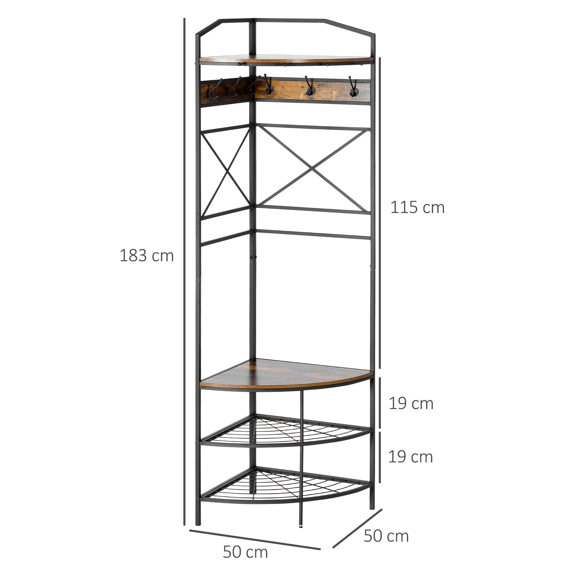 Freestanding Coat Rack with Hooks, Corner Entryway Coat Rack with Bench and Shoe Rack, Industrial Style Shelf, 50x50x183cm, Rustic Brown
