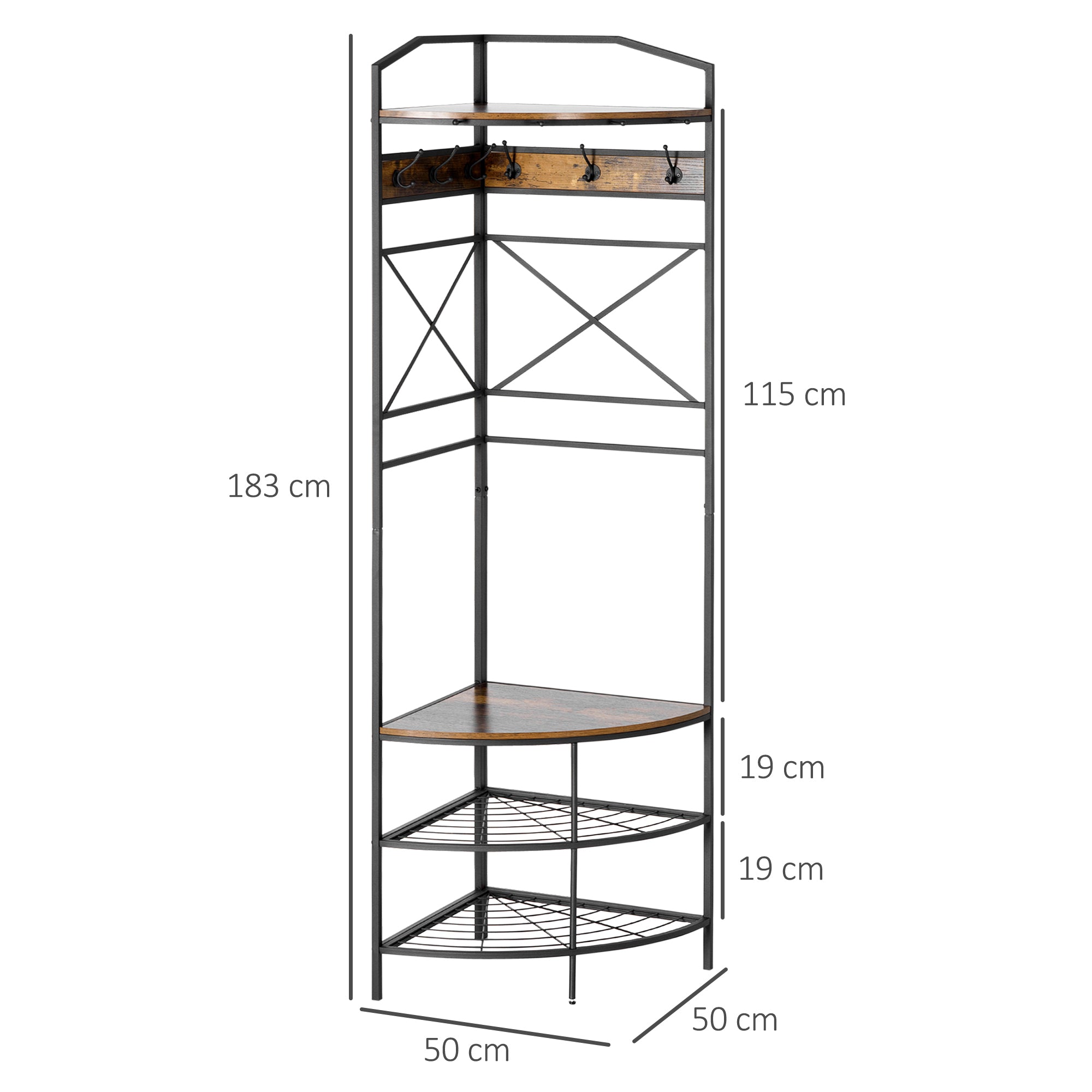 Freestanding Coat Rack with Hooks, Corner Entryway Coat Rack with Bench and Shoe Rack, Industrial Style Shelf, 50x50x183cm, Rustic Brown