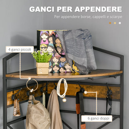 Freestanding Coat Rack with Hooks, Corner Entryway Coat Rack with Bench and Shoe Rack, Industrial Style Shelf, 50x50x183cm, Rustic Brown