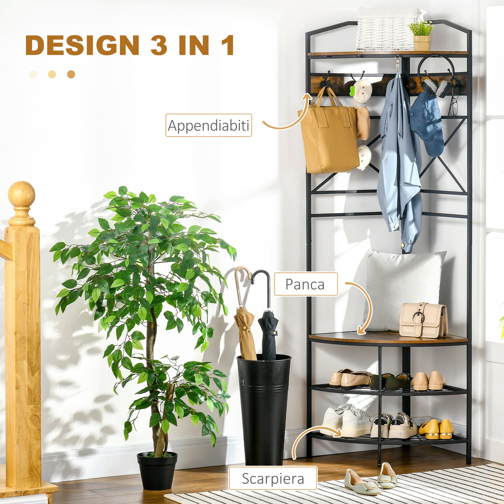 Freestanding Coat Rack with Hooks, Corner Entryway Coat Rack with Bench and Shoe Rack, Industrial Style Shelf, 50x50x183cm, Rustic Brown