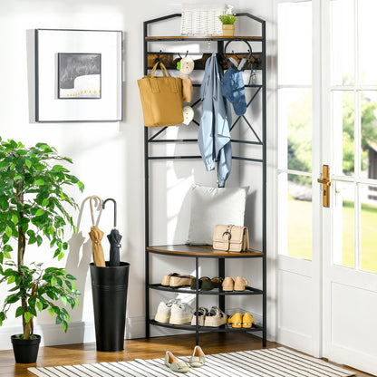 Freestanding Coat Rack with Hooks, Corner Entryway Coat Rack with Bench and Shoe Rack, Industrial Style Shelf, 50x50x183cm, Rustic Brown
