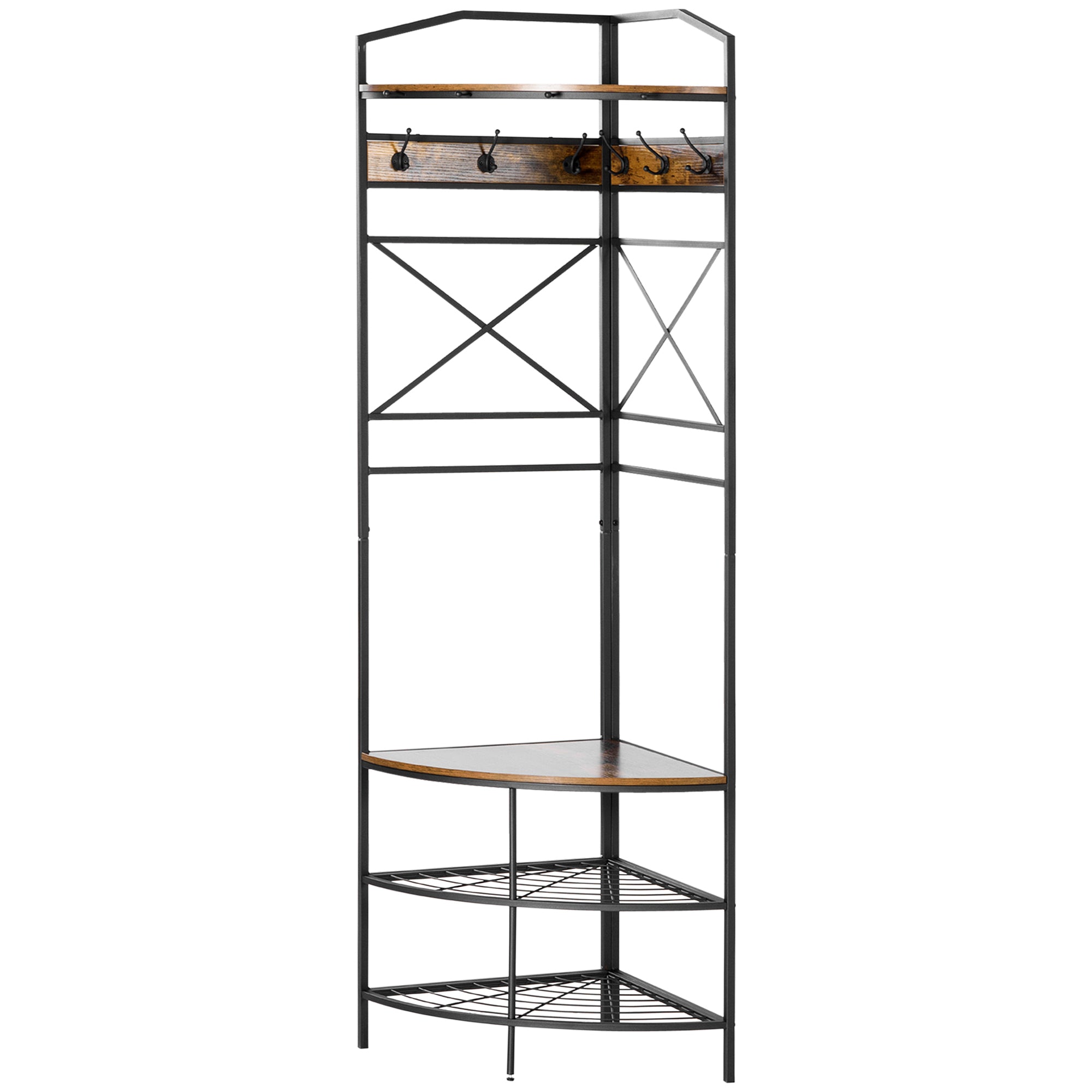 Freestanding Coat Rack with Hooks, Corner Entryway Coat Rack with Bench and Shoe Rack, Industrial Style Shelf, 50x50x183cm, Rustic Brown