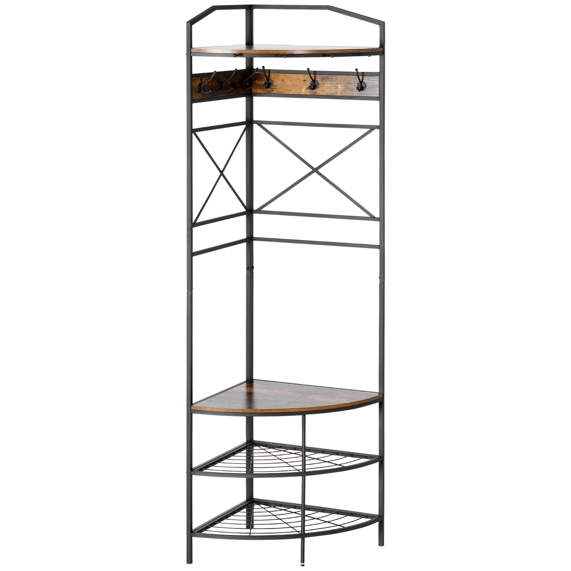 Freestanding Coat Rack with Hooks, Corner Entryway Coat Rack with Bench and Shoe Rack, Industrial Style Shelf, 50x50x183cm, Rustic Brown