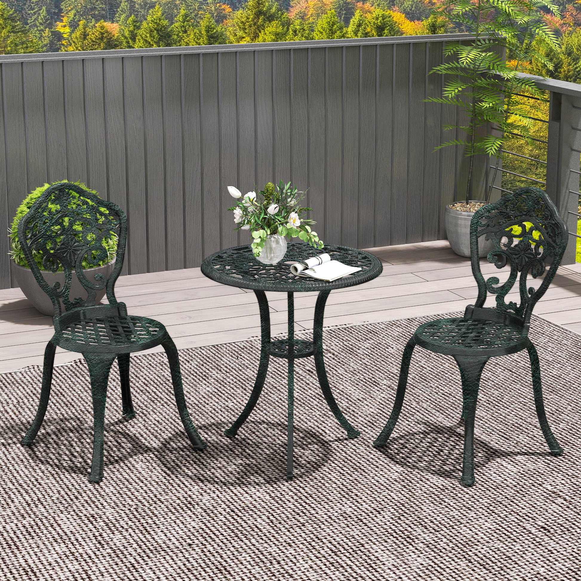 Garden Bistro Set in Aluminum 3-Piece Patio Furniture Set (2 Chairs + 1 Round Table) Green Wrought Iron Look
