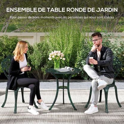 Garden Bistro Set in Aluminum 3-Piece Patio Furniture Set (2 Chairs + 1 Round Table) Green Wrought Iron Look