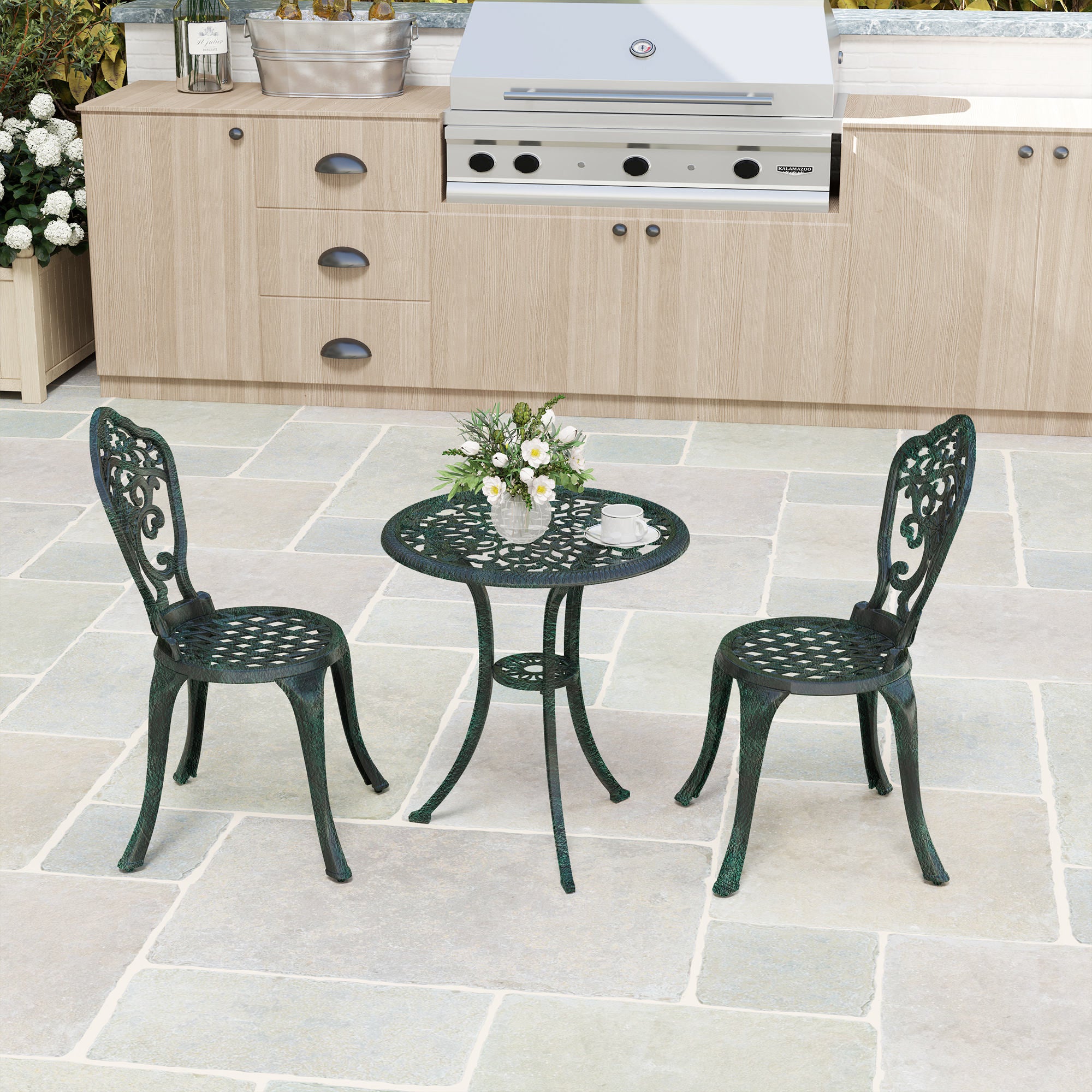 Garden Bistro Set in Aluminum 3-Piece Patio Furniture Set (2 Chairs + 1 Round Table) Green Wrought Iron Look