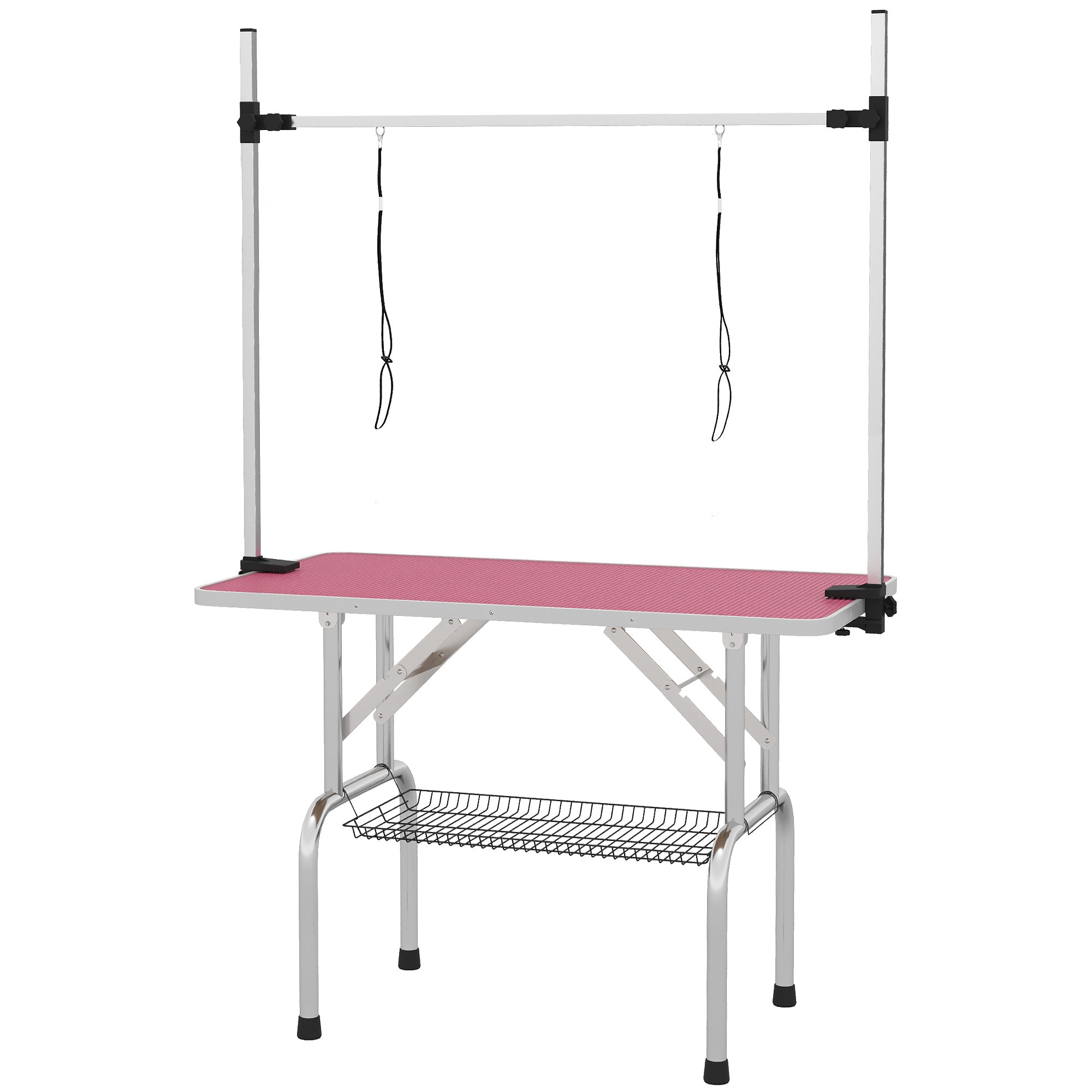 Folding Pet Grooming Table with Metal Mesh Basket, Non-Slip Top, Adjustable Stainless Steel Arm — For Dogs & Cats, 107 x 60 x 164 cm (42.1 x 23.6 x 64.6 in), Pink