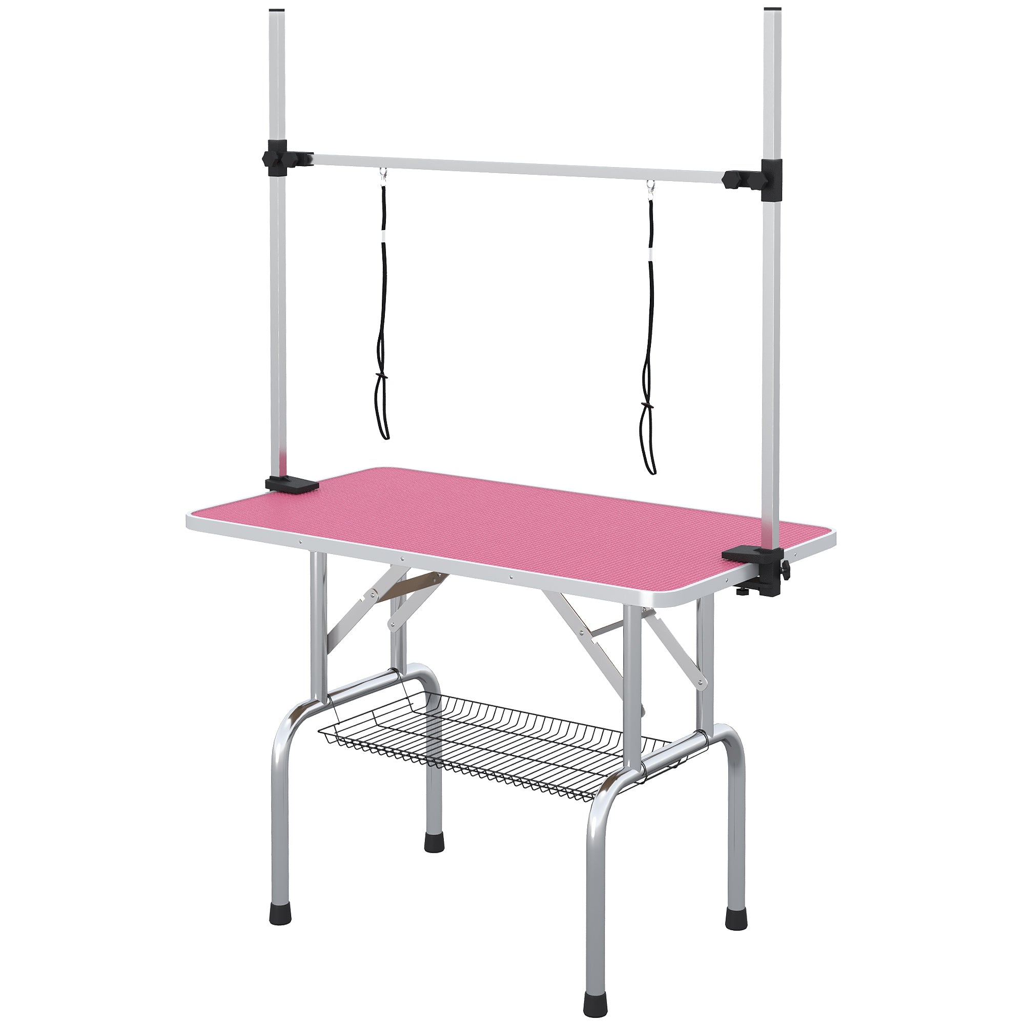 Folding Pet Grooming Table with Metal Mesh Basket, Non-Slip Top, Adjustable Stainless Steel Arm — For Dogs & Cats, 107 x 60 x 164 cm (42.1 x 23.6 x 64.6 in), Pink