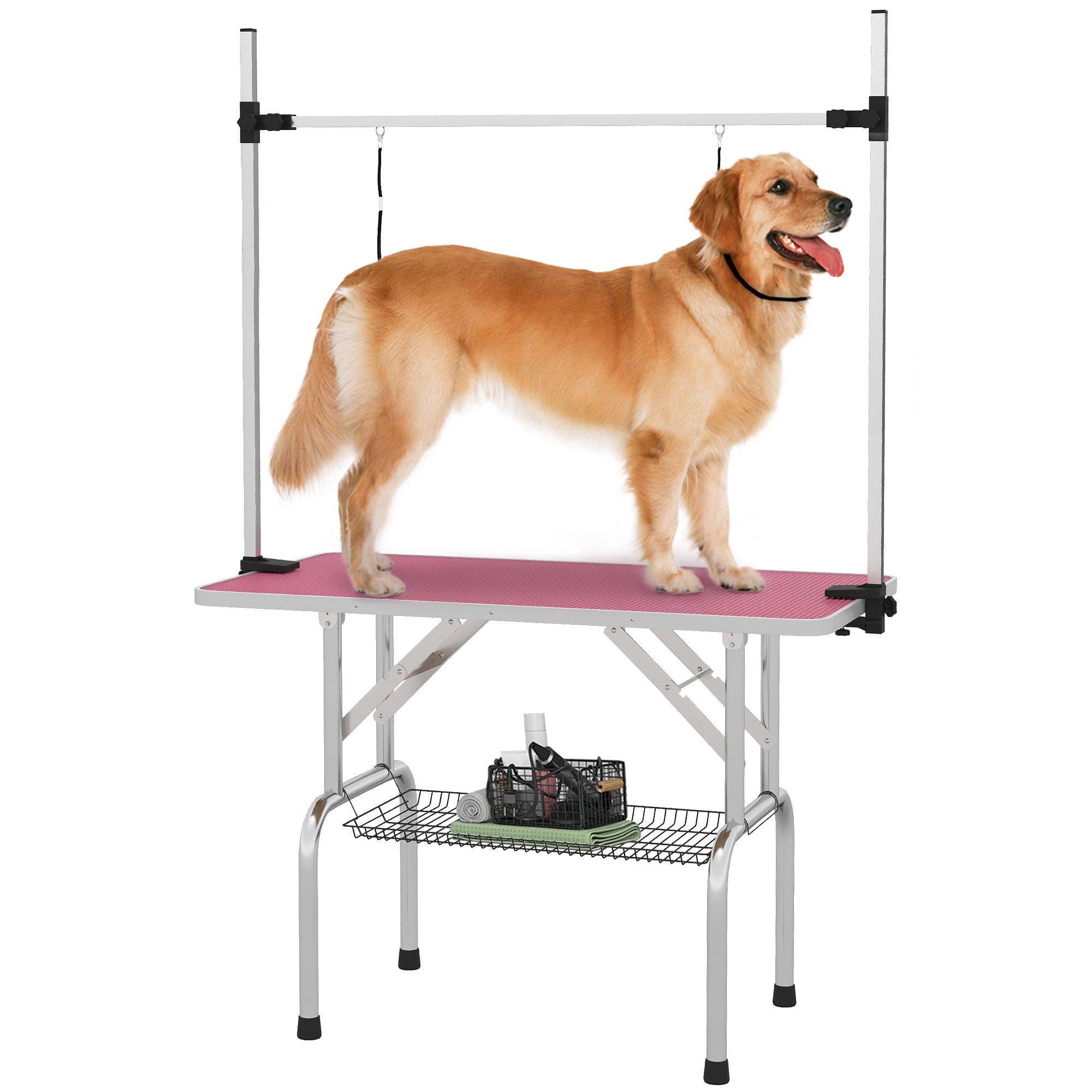 Folding Pet Grooming Table with Metal Mesh Basket, Non-Slip Top, Adjustable Stainless Steel Arm — For Dogs & Cats, 107 x 60 x 164 cm (42.1 x 23.6 x 64.6 in), Pink