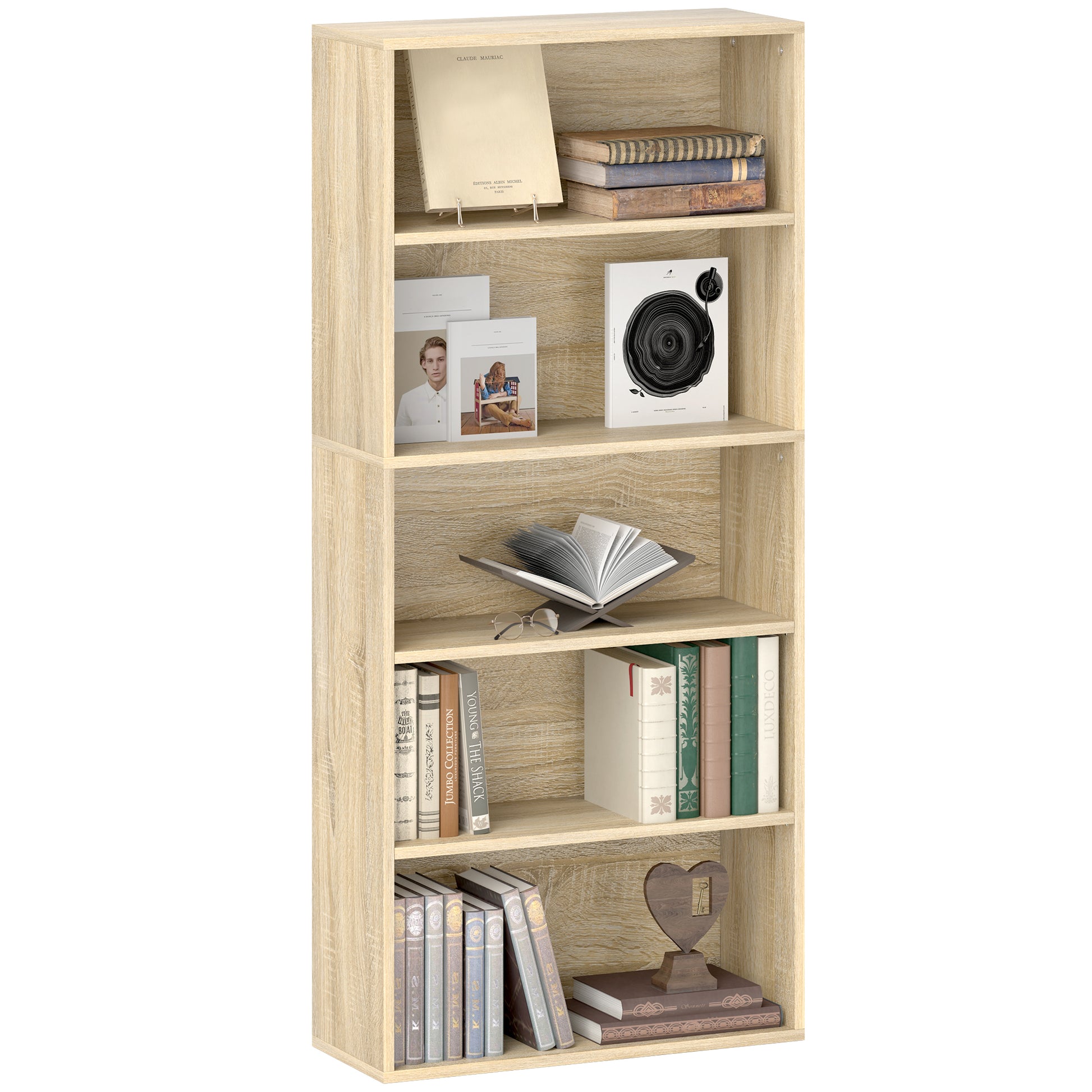 Bookcase, 5-Tier Storage Shelf, Bookshelf with Adjustable Shelves for Living Room, Bedroom, Office, 60 x 24 x 133.5 cm, Natural Wood
