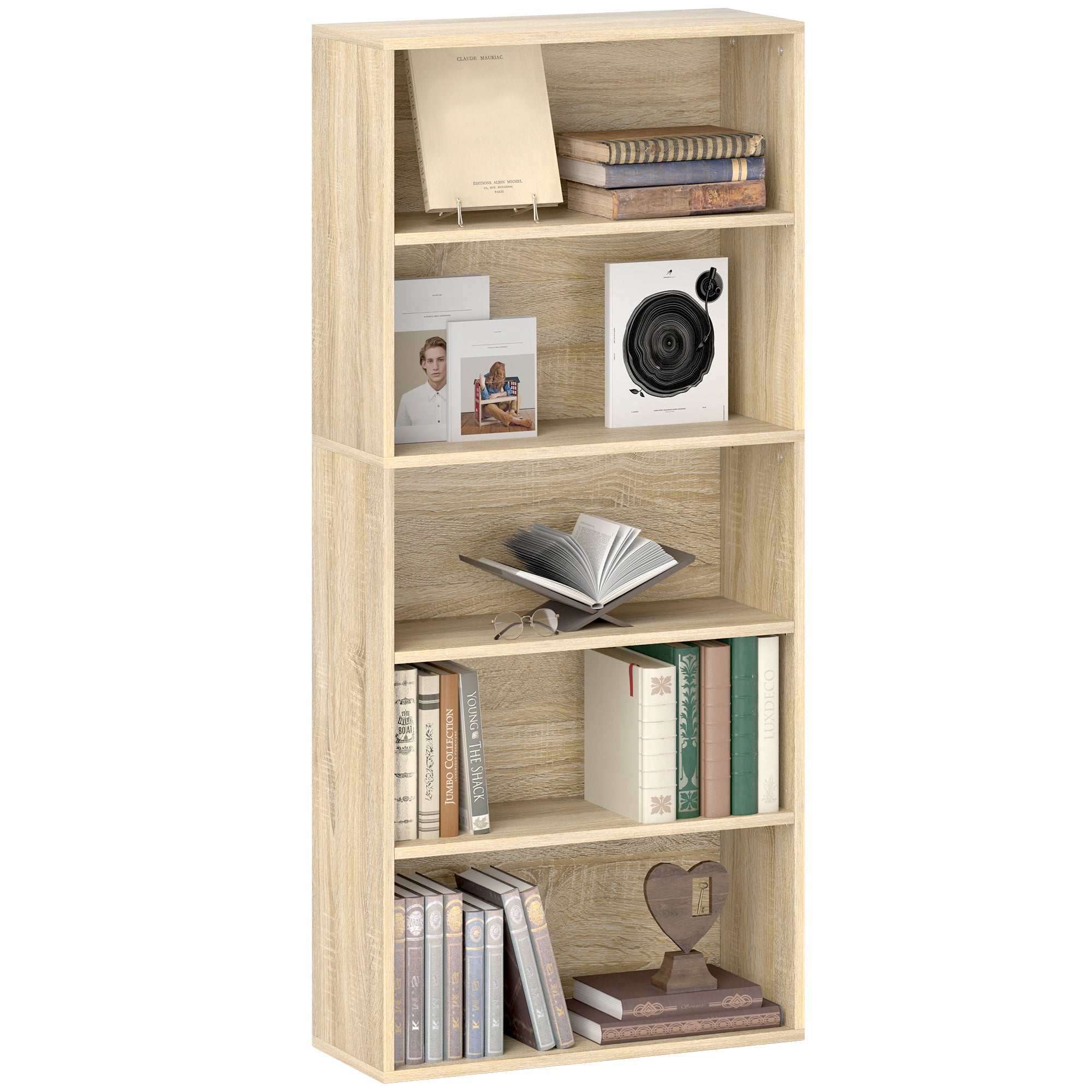Bookcase, 5-Tier Storage Shelf, Bookshelf with Adjustable Shelves for Living Room, Bedroom, Office, 60 x 24 x 133.5 cm, Natural Wood