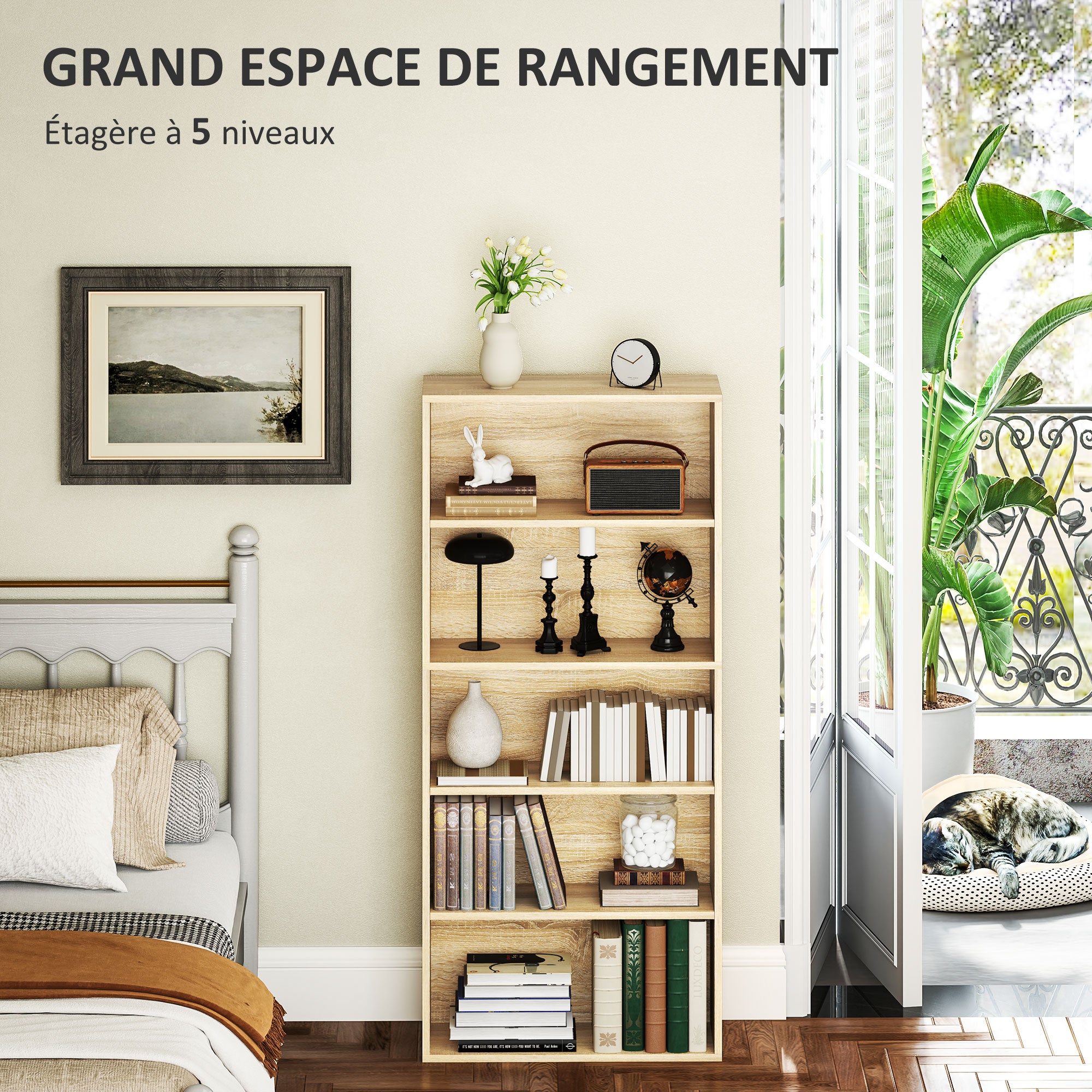 Bookcase, 5-Tier Storage Shelf, Bookshelf with Adjustable Shelves for Living Room, Bedroom, Office, 60 x 24 x 133.5 cm, Natural Wood