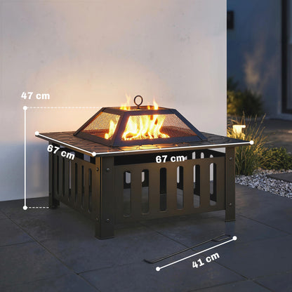 Square Steel Outdoor Fire Pit, 26.4 x 26.4 x 18.5 in, Patio Fire Pit with Poker & Mesh Cover, Black
