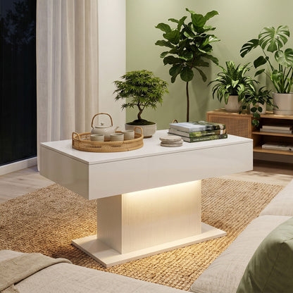 High-Gloss Coffee Table with LED Lighting, Modern Side Table with 2 Drawers, Remote-Controlled, 108 x 48 x 55 cm (42.5 x 18.9 x 21.7 in) – White