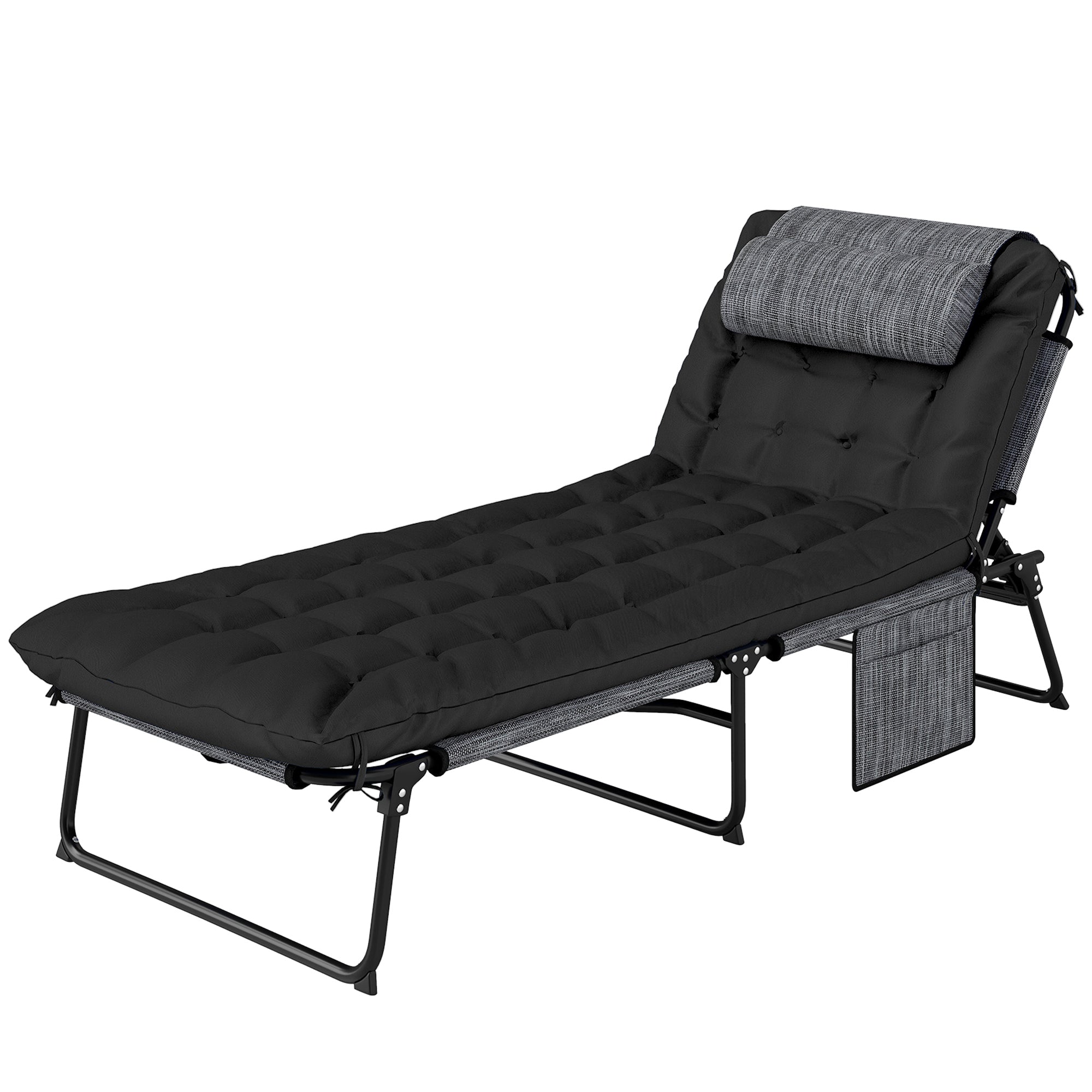 Folding Outdoor Sun Lounger with Pillow — 4-Position Adjustable Backrest, Side Pocket, Weather-Resistant — Supports up to 265 lb — Black