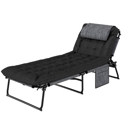 Folding Outdoor Sun Lounger with Pillow — 4-Position Adjustable Backrest, Side Pocket, Weather-Resistant — Supports up to 265 lb — Black
