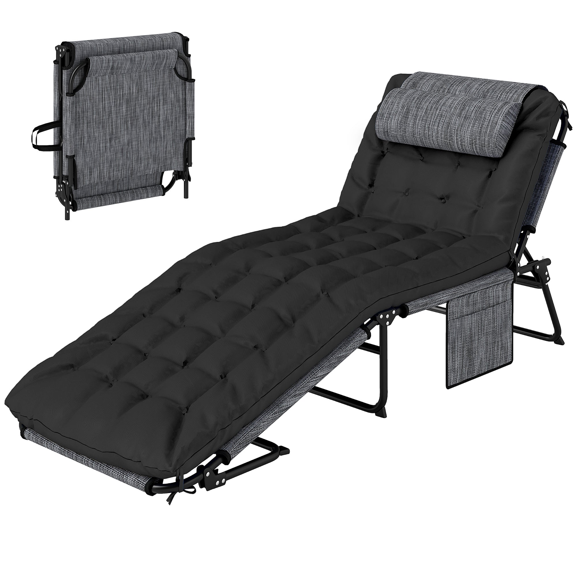 Folding Outdoor Sun Lounger with Pillow — 4-Position Adjustable Backrest, Side Pocket, Weather-Resistant — Supports up to 265 lb — Black