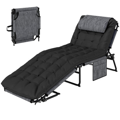Folding Outdoor Sun Lounger with Pillow — 4-Position Adjustable Backrest, Side Pocket, Weather-Resistant — Supports up to 265 lb — Black