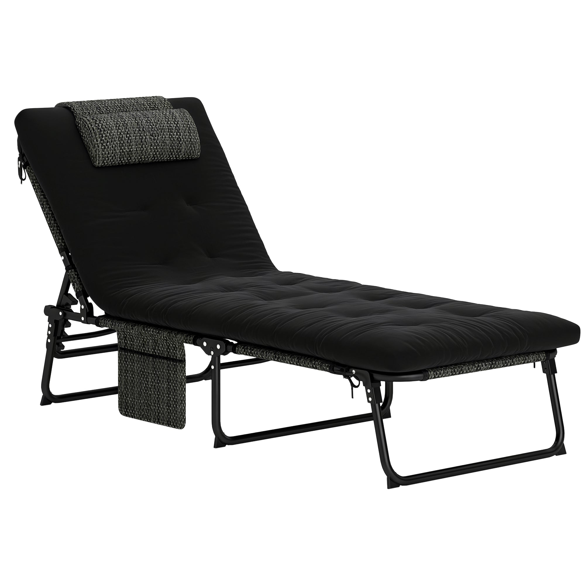 Folding Outdoor Sun Lounger with Pillow — 4-Position Adjustable Backrest, Side Pocket, Weather-Resistant — Supports up to 265 lb — Black