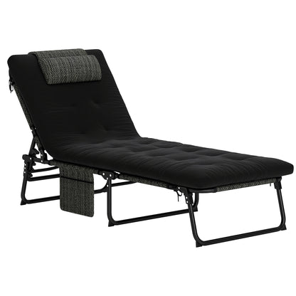 Folding Outdoor Sun Lounger with Pillow — 4-Position Adjustable Backrest, Side Pocket, Weather-Resistant — Supports up to 265 lb — Black