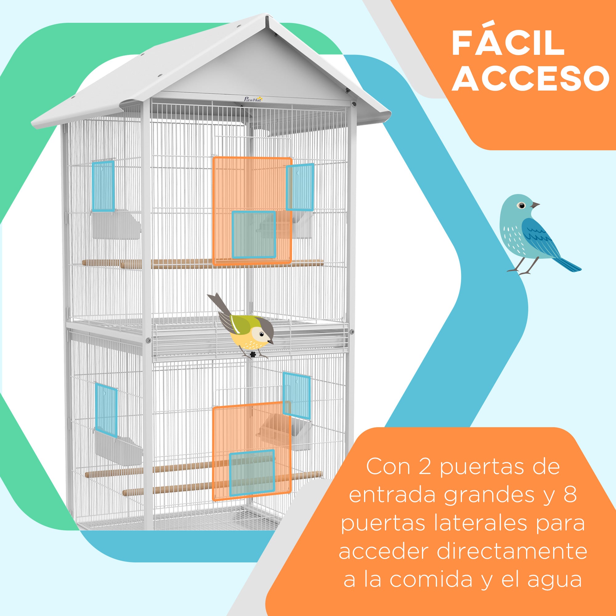 2-in-1 Large Bird Cage with 2 Floors Convertible into Single Cage with 4 Wheels 4 Feeders 4 Perches and Removable Trays for Canaries Parrots 78x75x168 cm White